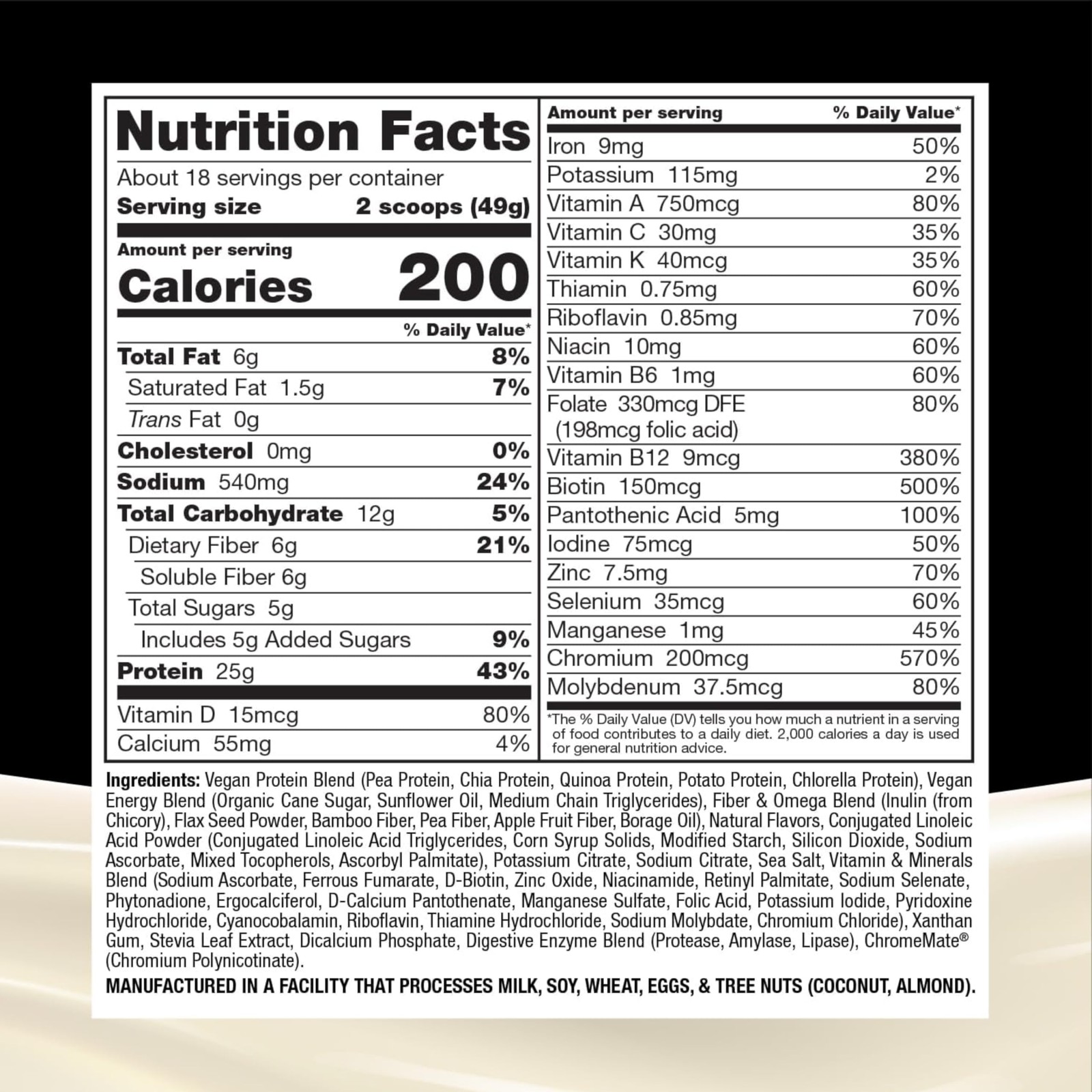 Plant-Based Meal Replacement Shake 25G Complete Protein Fiber 18 Vitamins