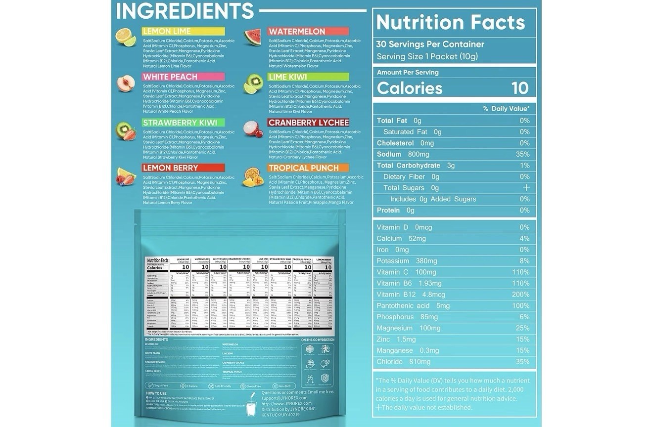 Jynorex Electrolytes Powder Hydration Drink Mix Sugar-Free 30 Sticks Variety