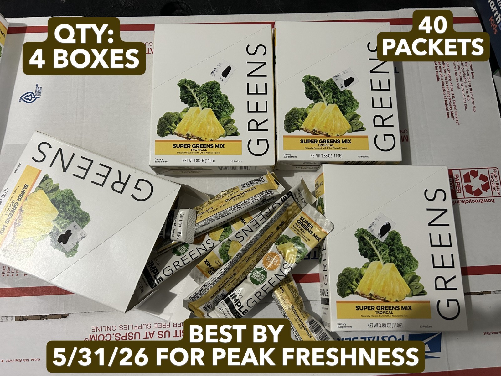 4-BOX LOT (40 PACKETS ) CLEAN SIMPLE EATS Super Greens Powder Tropical Drink