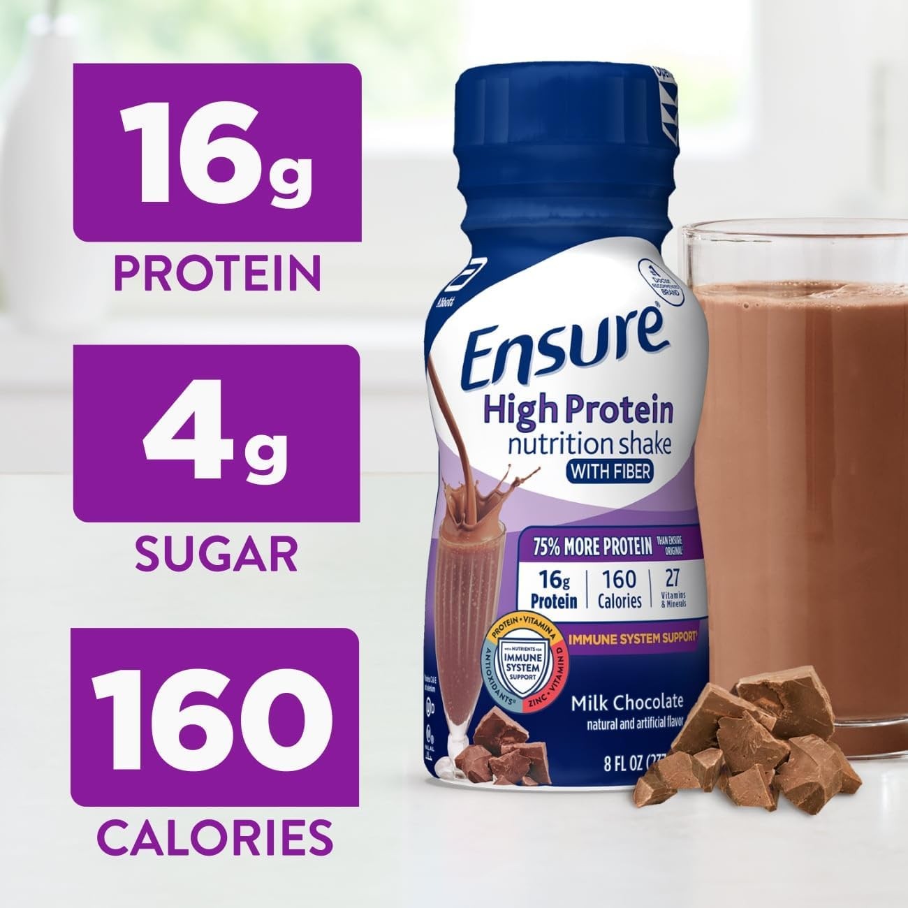 Ensure High Protein Bottled Milk Chocolate Nutrition Shake with Fiber, Ready to