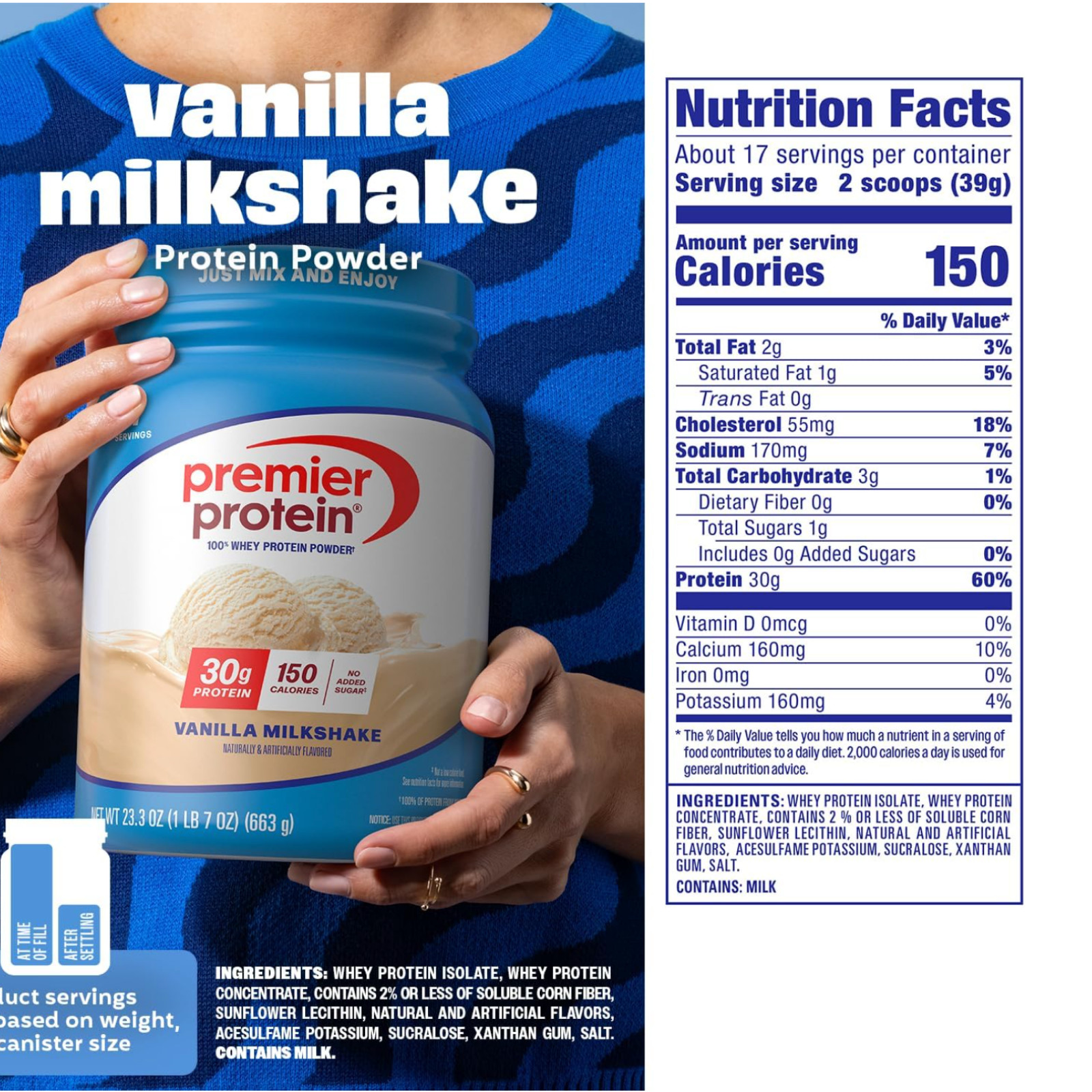 Premier Protein Powder, Vanilla Milkshake 30g Protein 1g Sugar 100% Whey Protein
