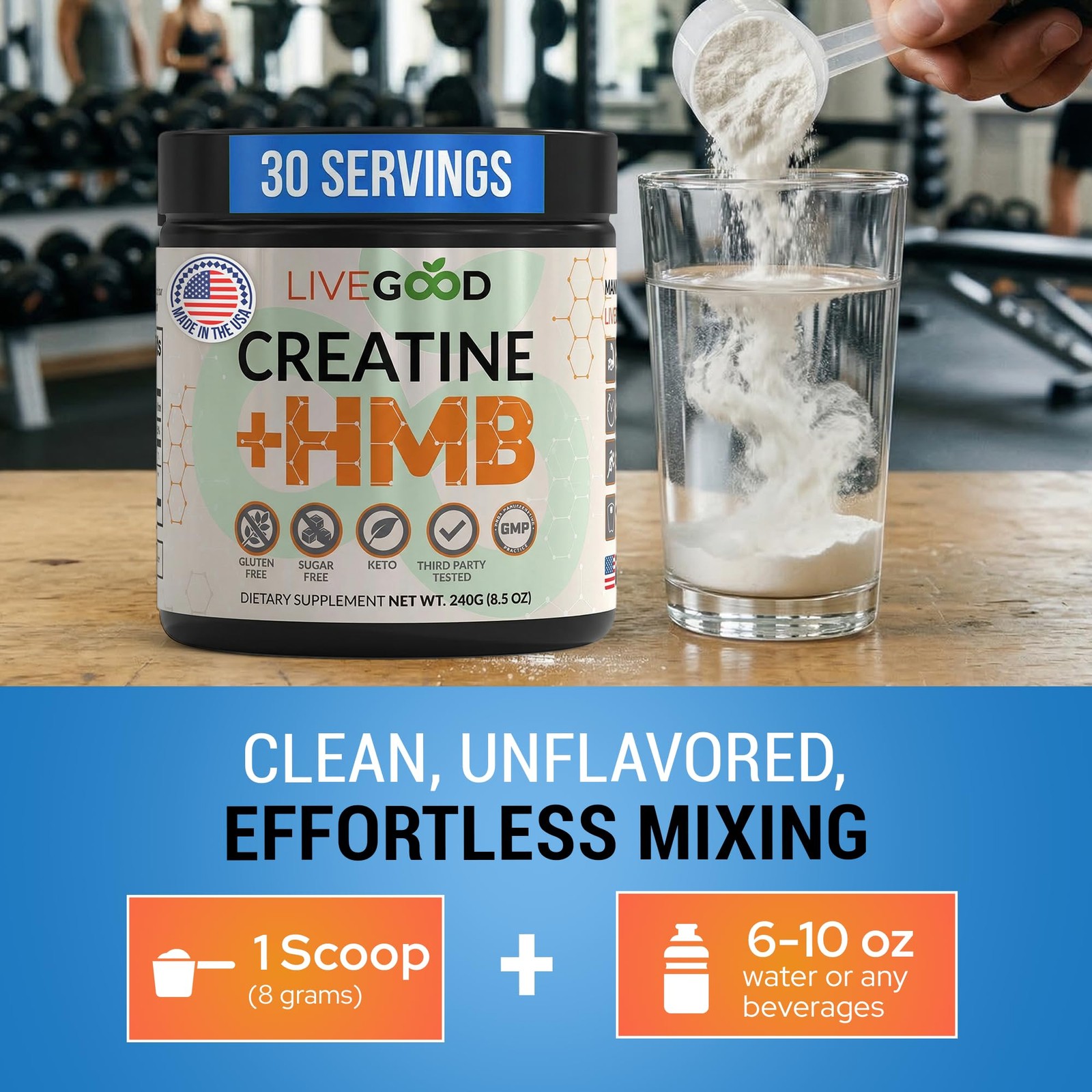 LIVEGOOD Creatine Monohydrate with HMB for Lean Muscle 8.5 Ounce (Pack of 1)