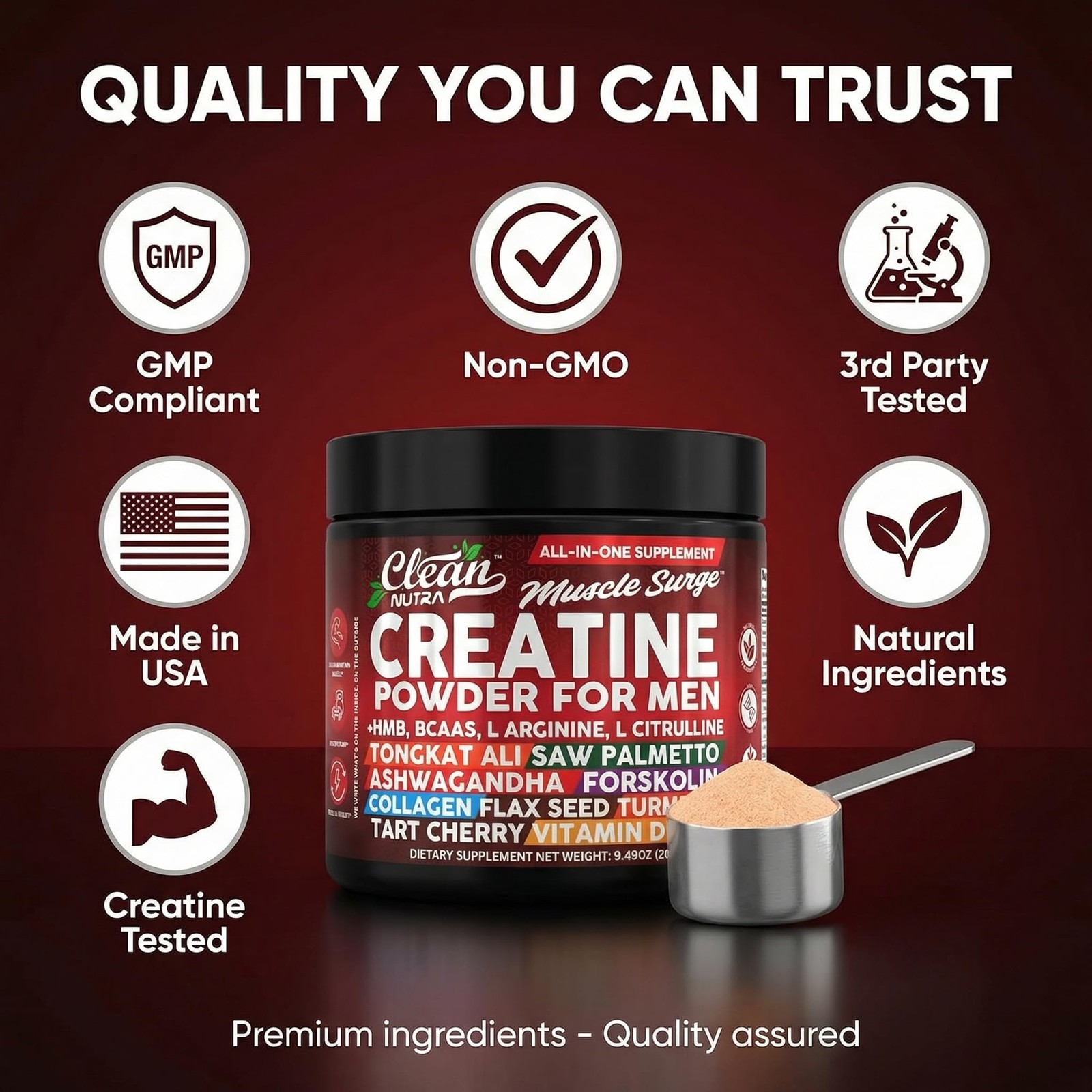 Clean Nutra Creatine Powder for Men + HMB BCAA L 9.87 Ounce (Pack of 1), Red
