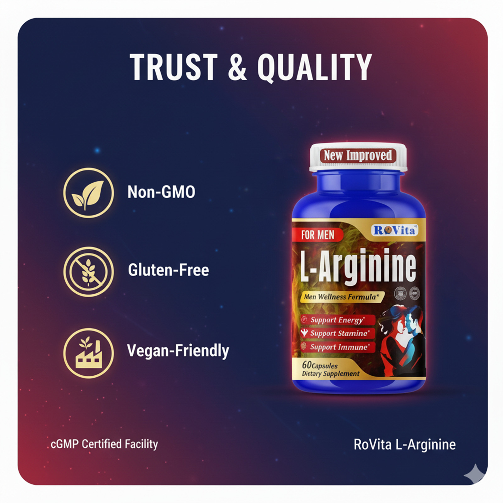 L-Arginine Capsules for Men – Nitric Oxide Booster Male Enhancement Formula 60C