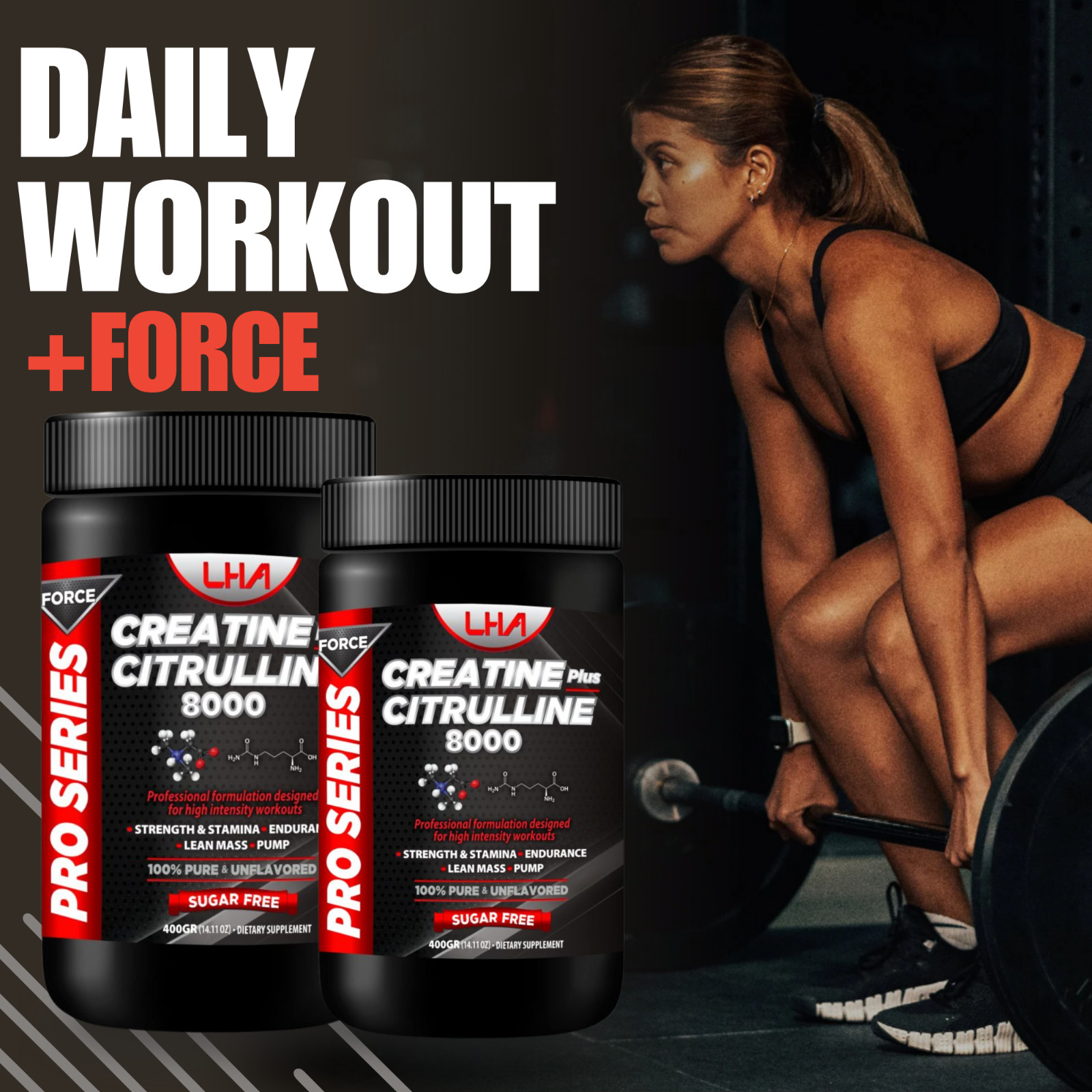 LHA Unflavored Creatine Citrulline – 400g Workout Support Formula (2-Pack)