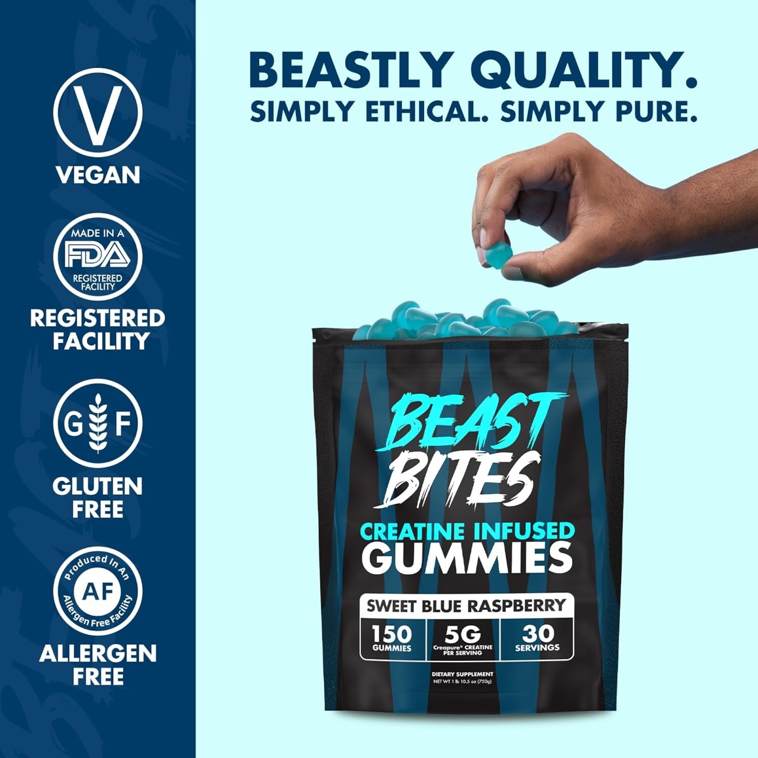 1-3 PACKS-Beast Bites Creatine Infused Gummies Sweet Blue Raspberry – 30 Serving