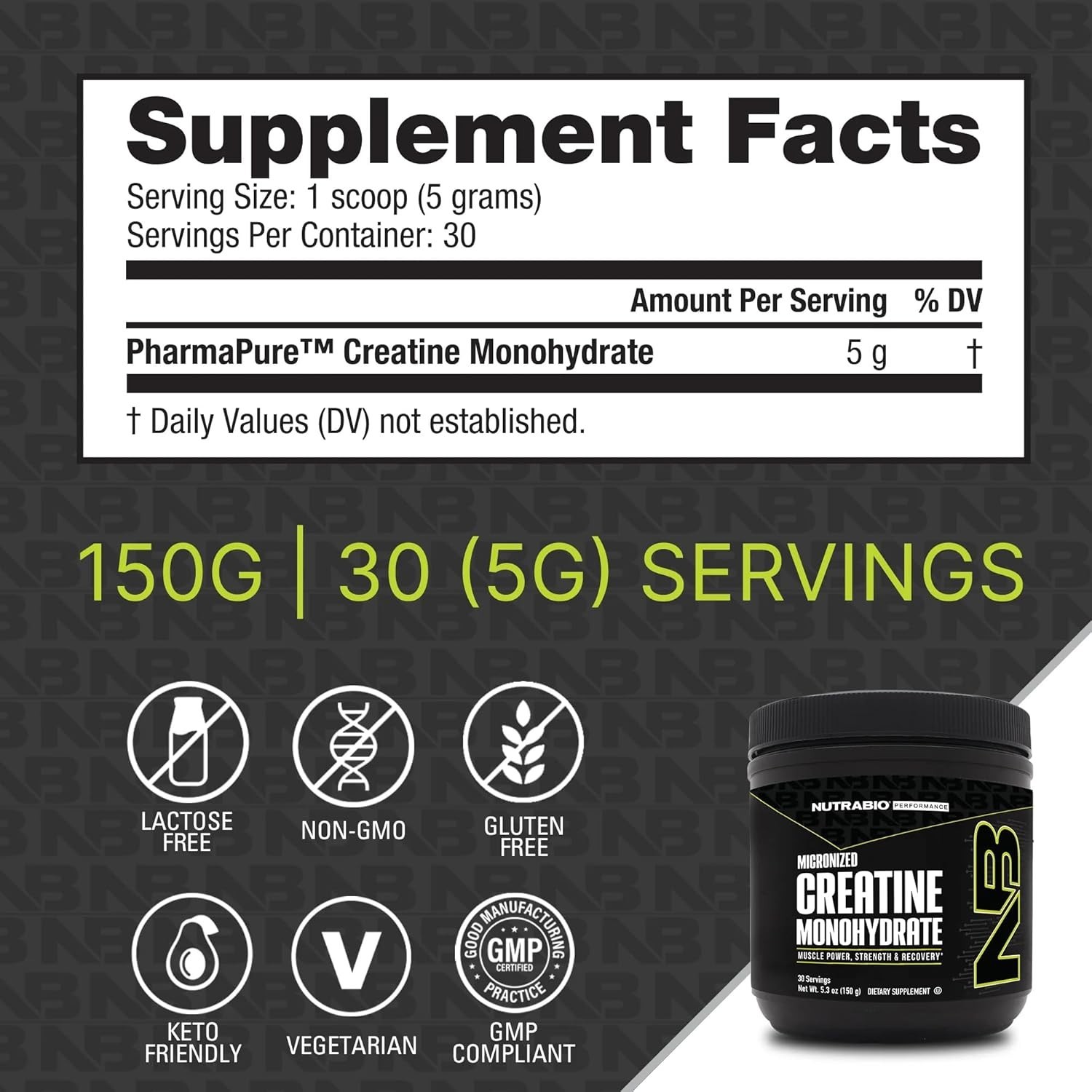 NUTRABIO CREATINE MONOHYDRATE POWDER Micronized Muscle Strength Power 150 Grams