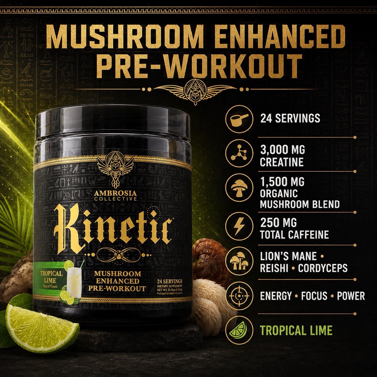 Kinetic Mushroom Enhanced Pre Workout Ambrosia Collective Tropical Lime