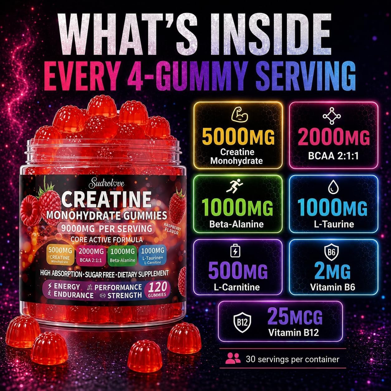 Creatine Monohydrate Gummies with BCAA, Beta-Alanine, L-Taurine, L-Carnitine, Vi