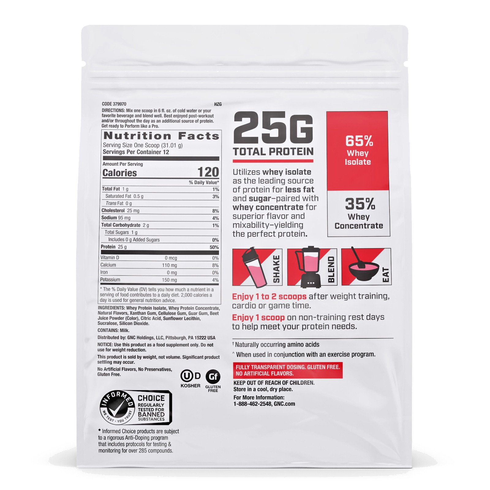 GNC Pro Performance 100% Whey 2.0 Strawberry Flavor Protein Powder 12 Servings
