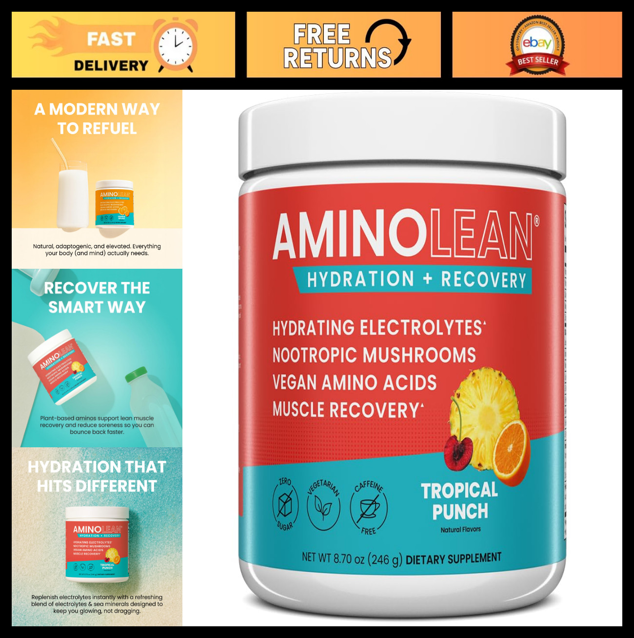 Vegan Amino Acids Powder – BCAA + EAA, Electrolytes & Reishi for Recovery, Sugar