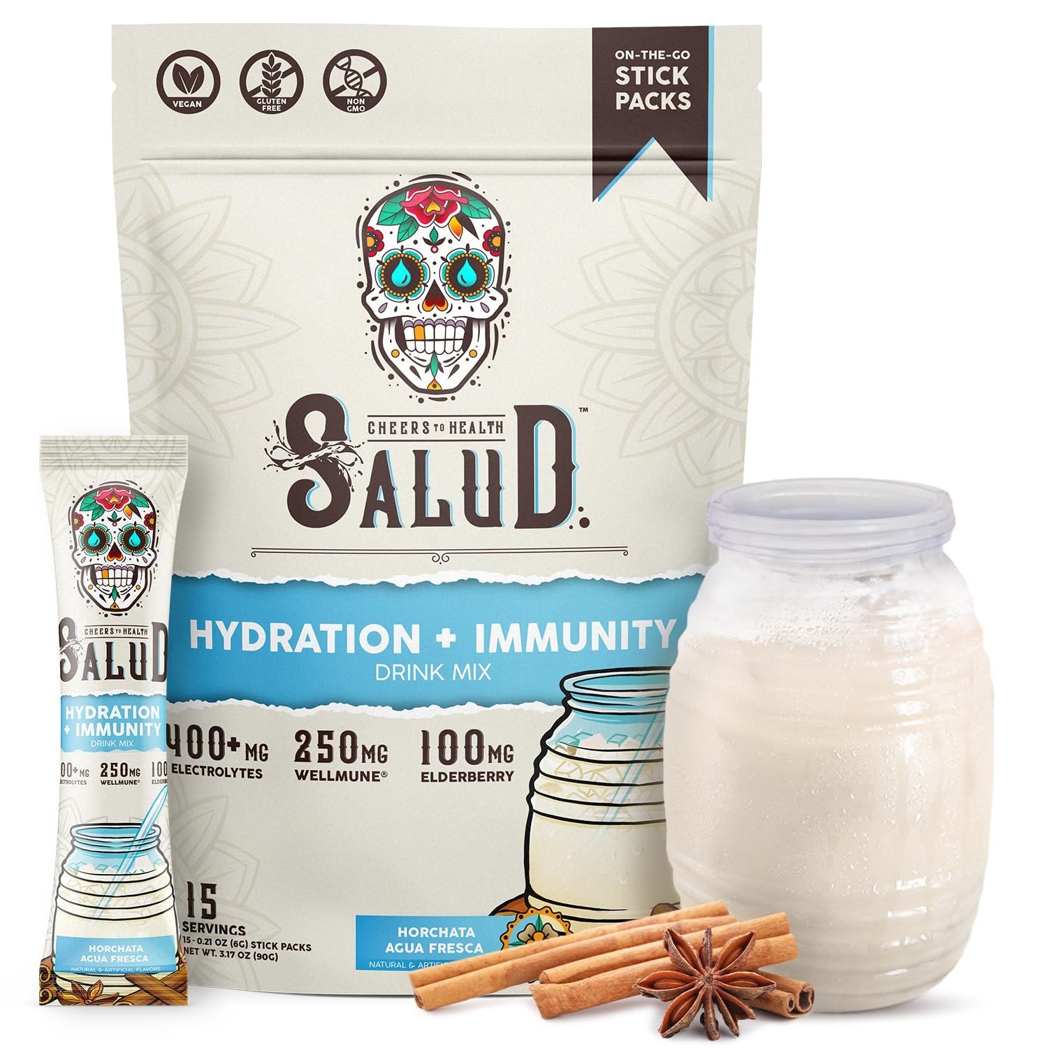 2-in-1 Hydration & Immunity Drink Mix, Horchata Flavor, Electrolyte Powder, Vega