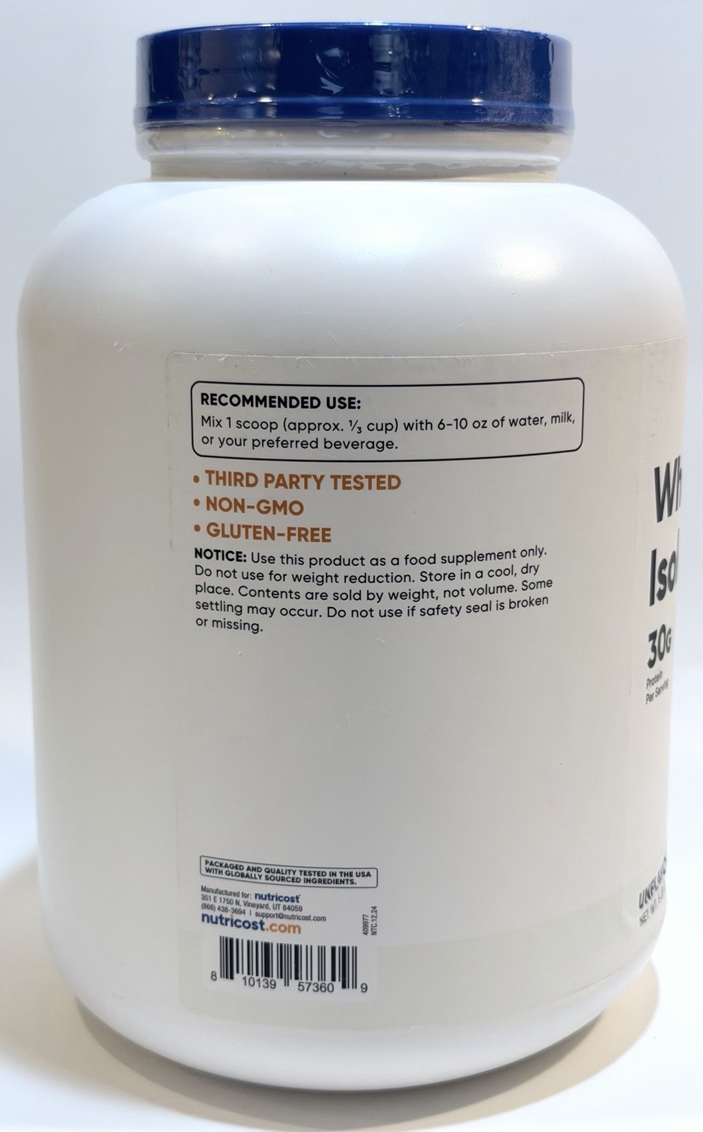 Nutricost Whey Protein Isolate Unflavored 5 lb 65 Servings Exp 01/2028