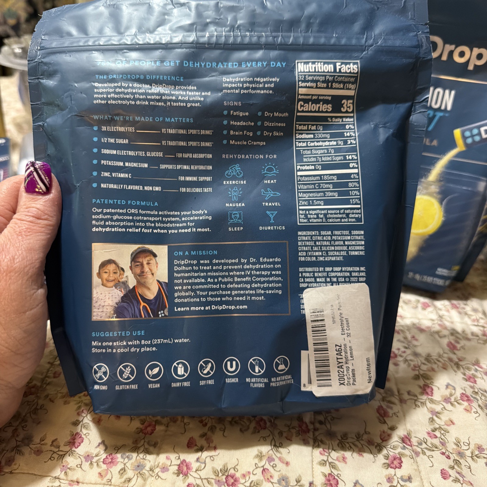 DripDrop Hydration Packets Lemon Electrolytes Powder Drink Mix 32 Sticks 2027