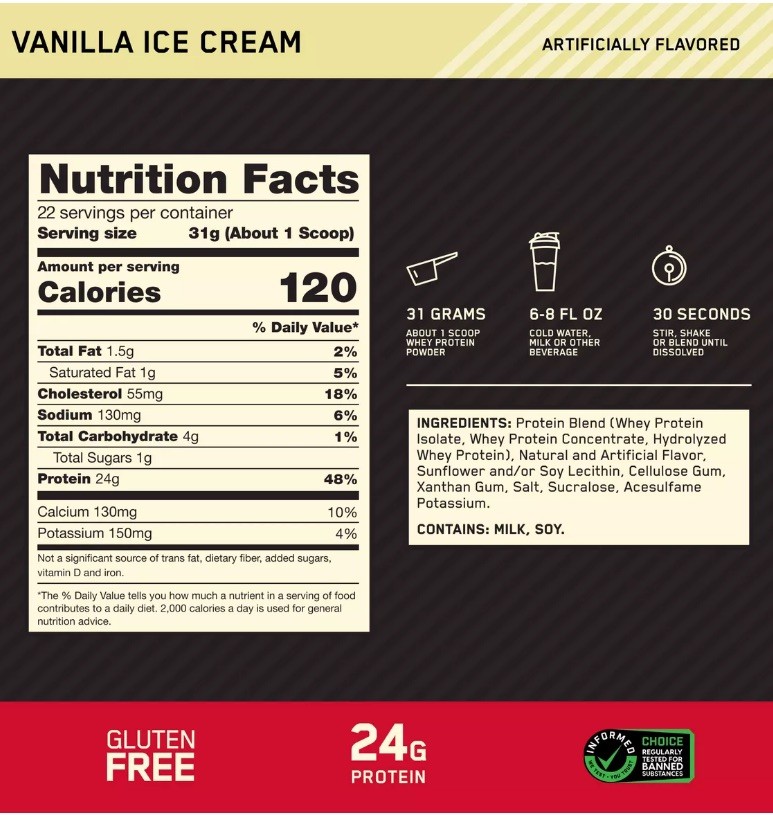 Optimum Nutrition Gold Standard Whey Protein, Vanilla Ice Cream, 22 Servings