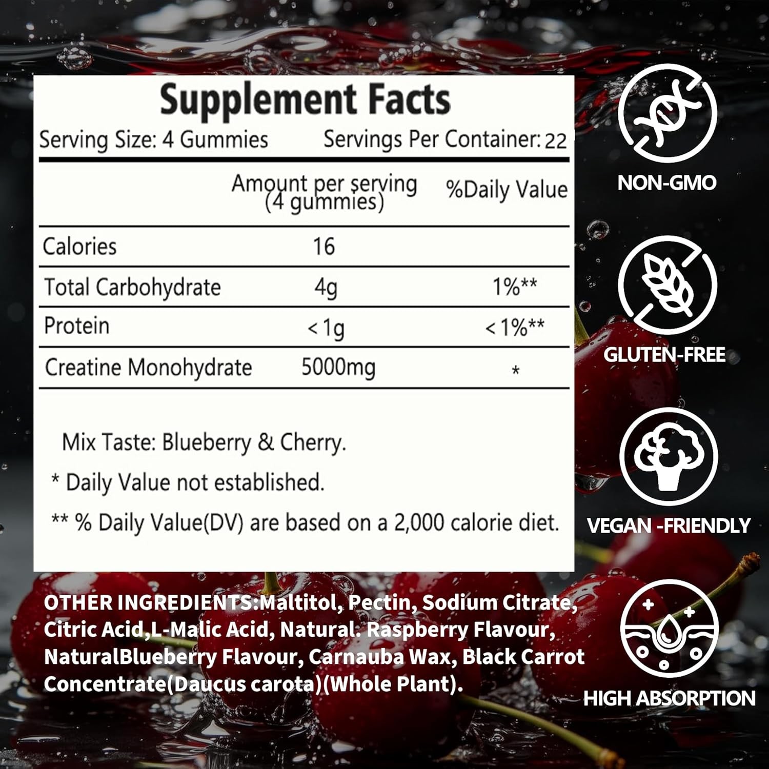 Creatine Monohydrate Gummies 5g (5000mg), Sugar-Free Creatine, Pre-Workout Energ