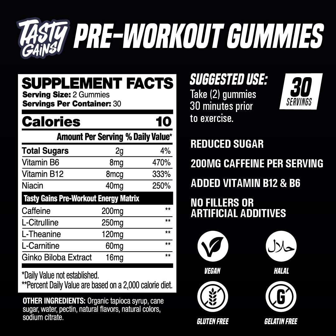 Tasty Gains – Pre-Workout Gummies Energy Focus Boost Caffeine Gummies For Men