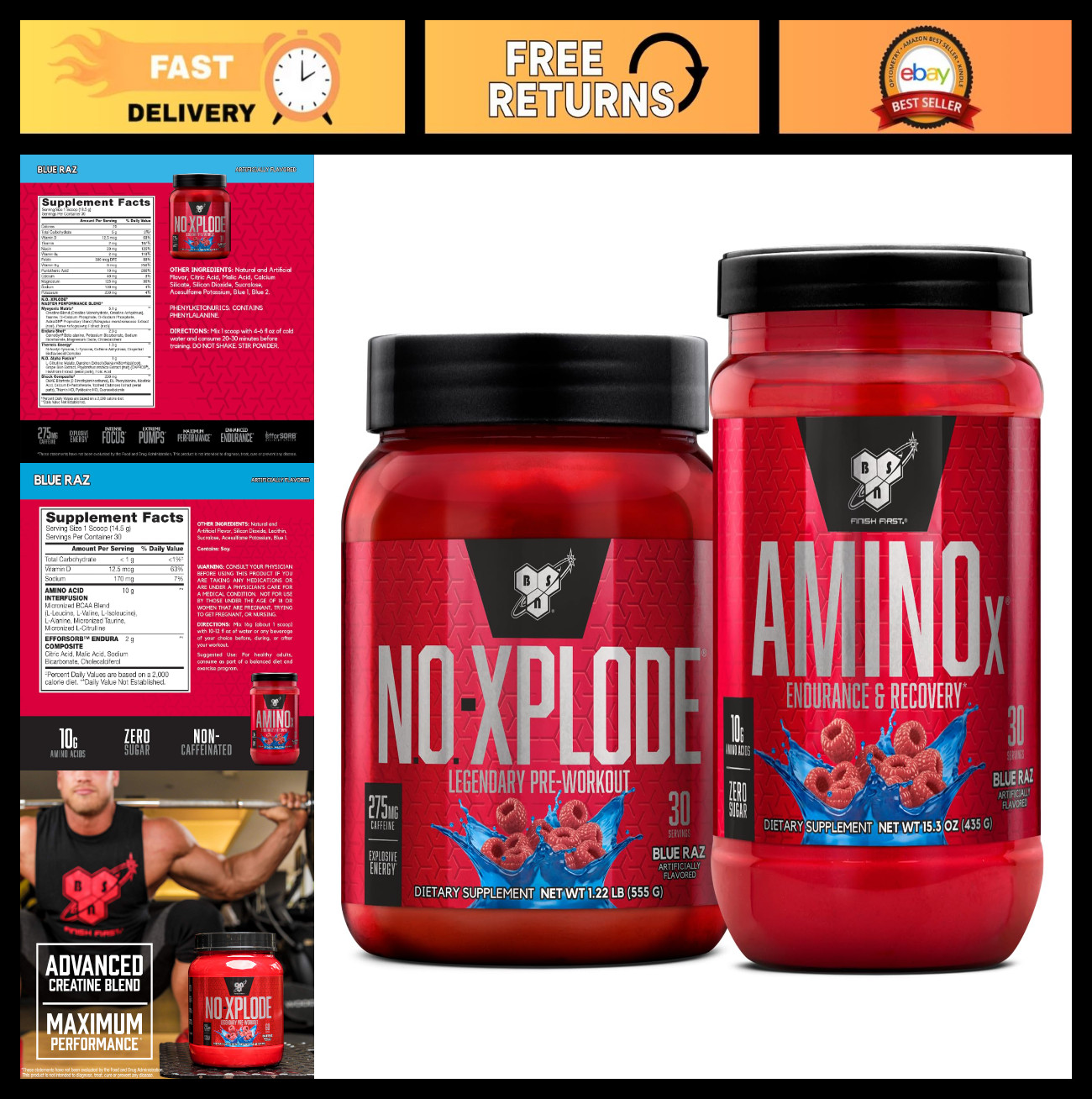Pre Workout & Intra Workout Bundle – NO XPLODE & Amino X, Blue Raspberry, 60 Ser