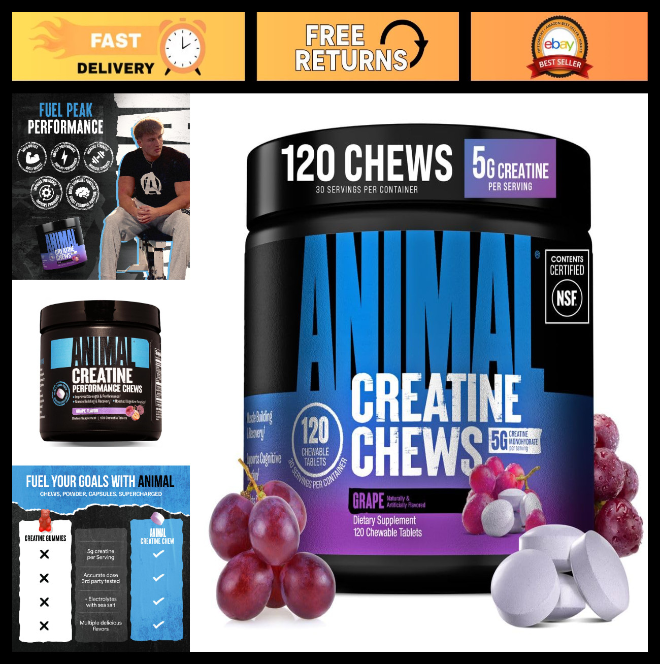 Creatine Chews 5g – Monohydrate Tablets for Strength, Power & Recovery – 120 Cou