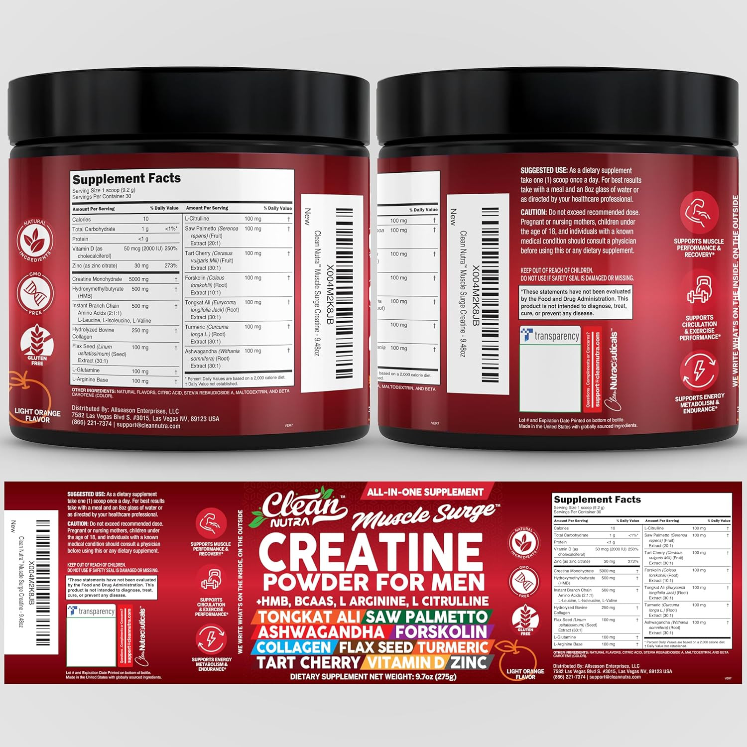 Clean Nutra Creatine HMB Preworkout Powder with BCAA Citrulline Arginine 1 Pack