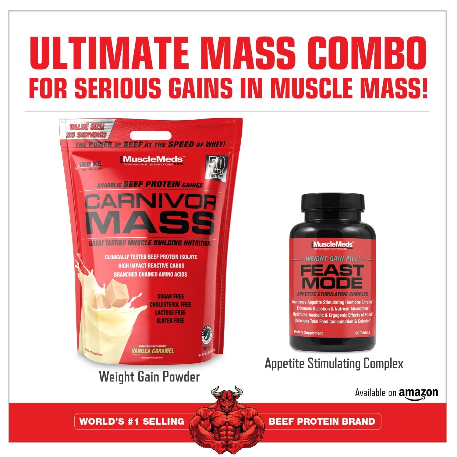 MuscleMeds Carnivor Mass Anabolic Beef Protein Gainer, Vanilla Caramel, 10 Po…