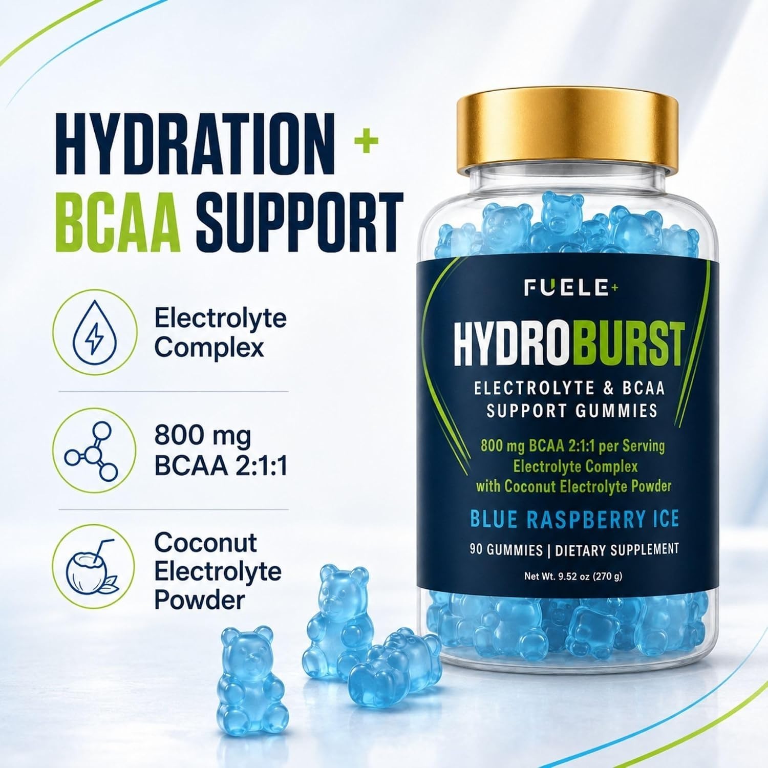 FUELE Electrolyte Gummies BCAA 2 1 1 Sugar Free Blue Raspberry 90 Ct