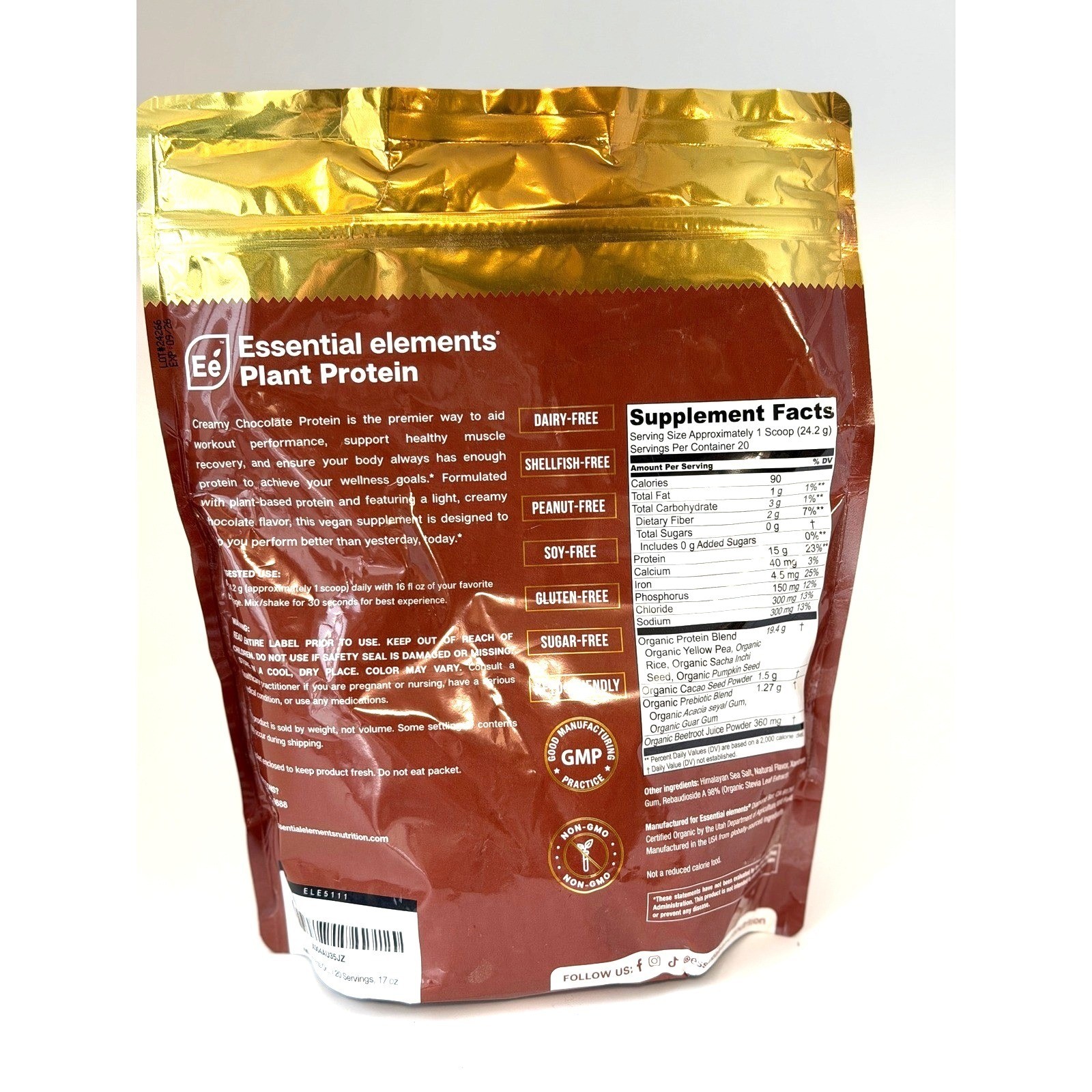Essential Elements Plant Protein Creamy Chocolate 17oz 20 Servings Vegan Non-GMO