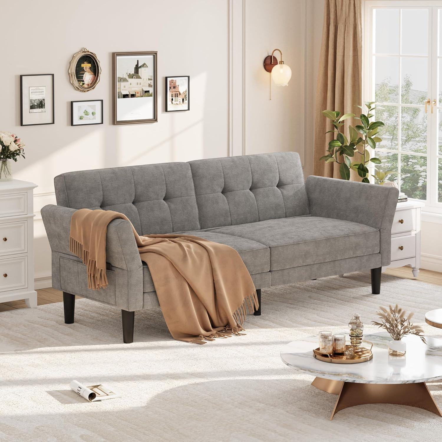 89″ Modern Futon Sofa Bed with Adjustable Backrest & Armrest