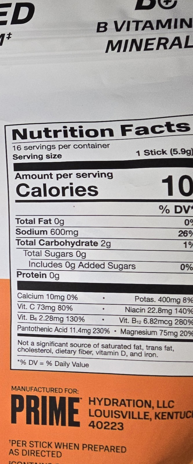 Prime Rapid Rehydration Electrolyte Drink Mix Sticks Glacier Orange 16 Sticks