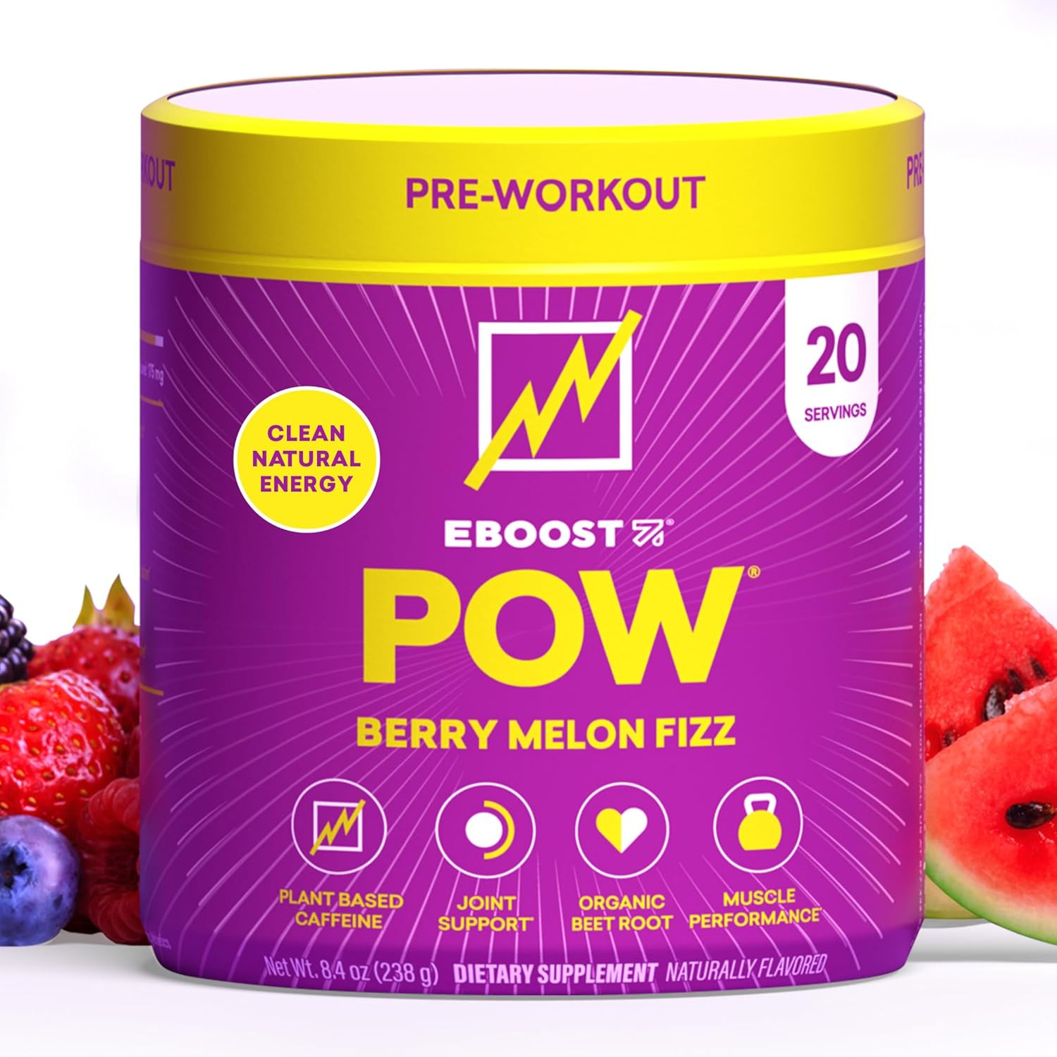 EBOOST POW Natural Pre Workout Powder, Berry Melon Fizz, 20 Servings