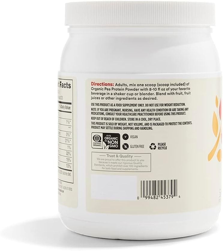 Nutritious Organic Pea Protein – 16 Oz Jar, 15g Plant-Based Protein, Gluten Free