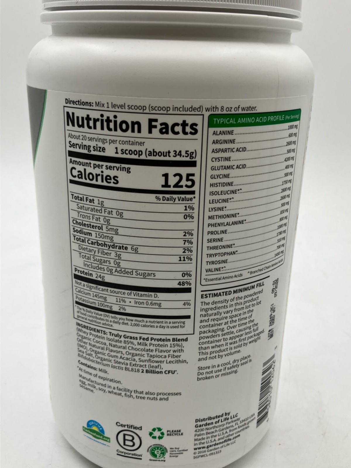 Garden of Life Sport Grass Fed Whey Protein Powder Chocolate 24.33 oz BB 9/2026