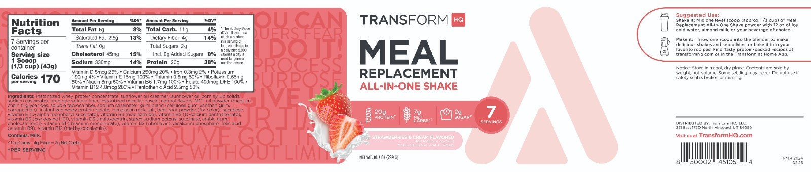 TransformHQ Meal Replacement Shake Powder 7 Servings (Strawberry & Cream)