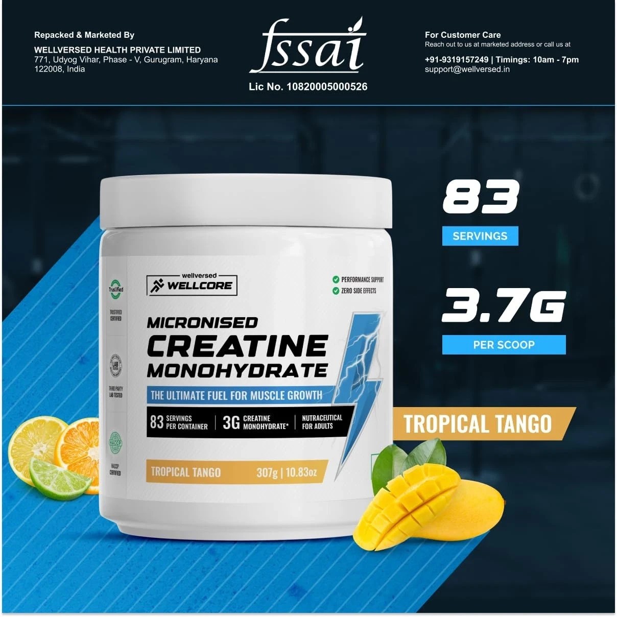 Wellcore Micronised Creatine Monohydrate Powder Tropical Tango Flavour 307g