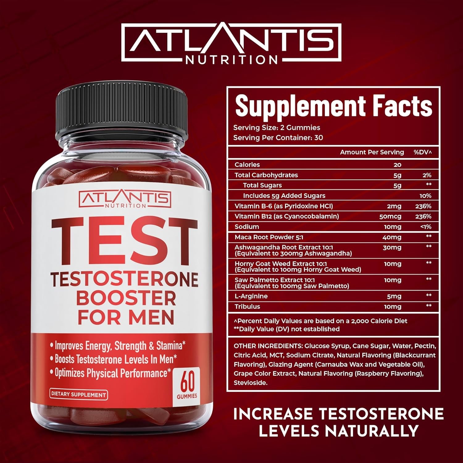 Atlantis Nutrition Testosterone Booster For Men Gummies 60 Count (Pack of 1)