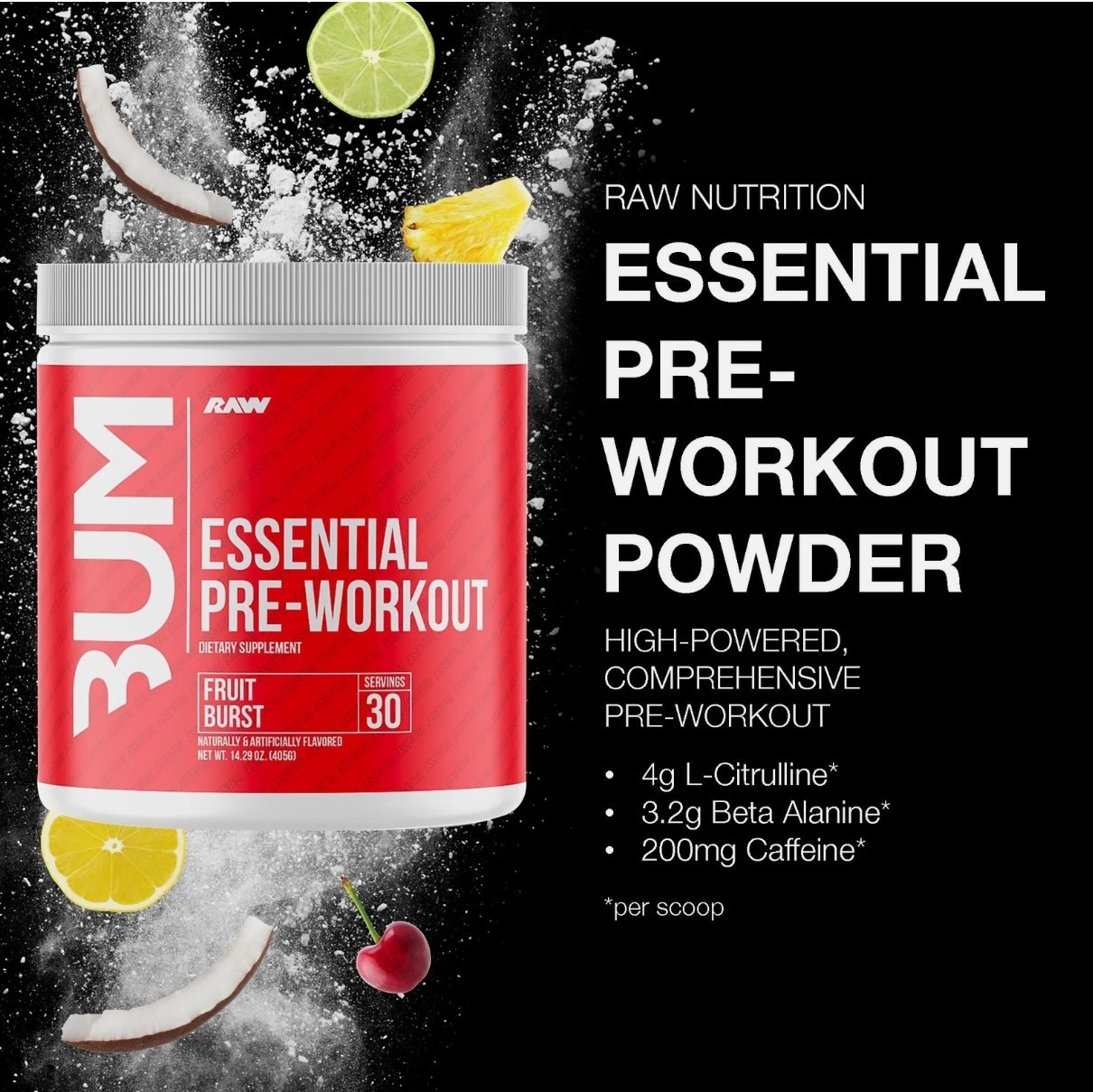 RAW NUTRITION ESSENTIAL PRE WORKOUT POWDER, Fruit Burst, 30 Servings