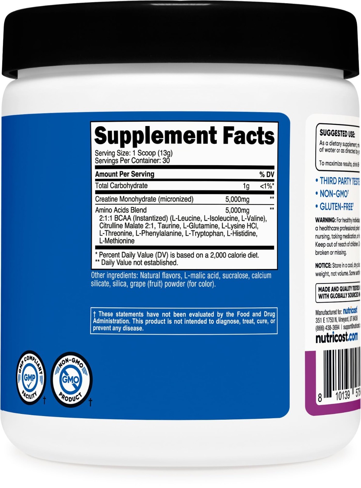 Creatine & Amino Acids Powder – Grape Flavor, 30 Servings, Gluten-Free, 5g Creat