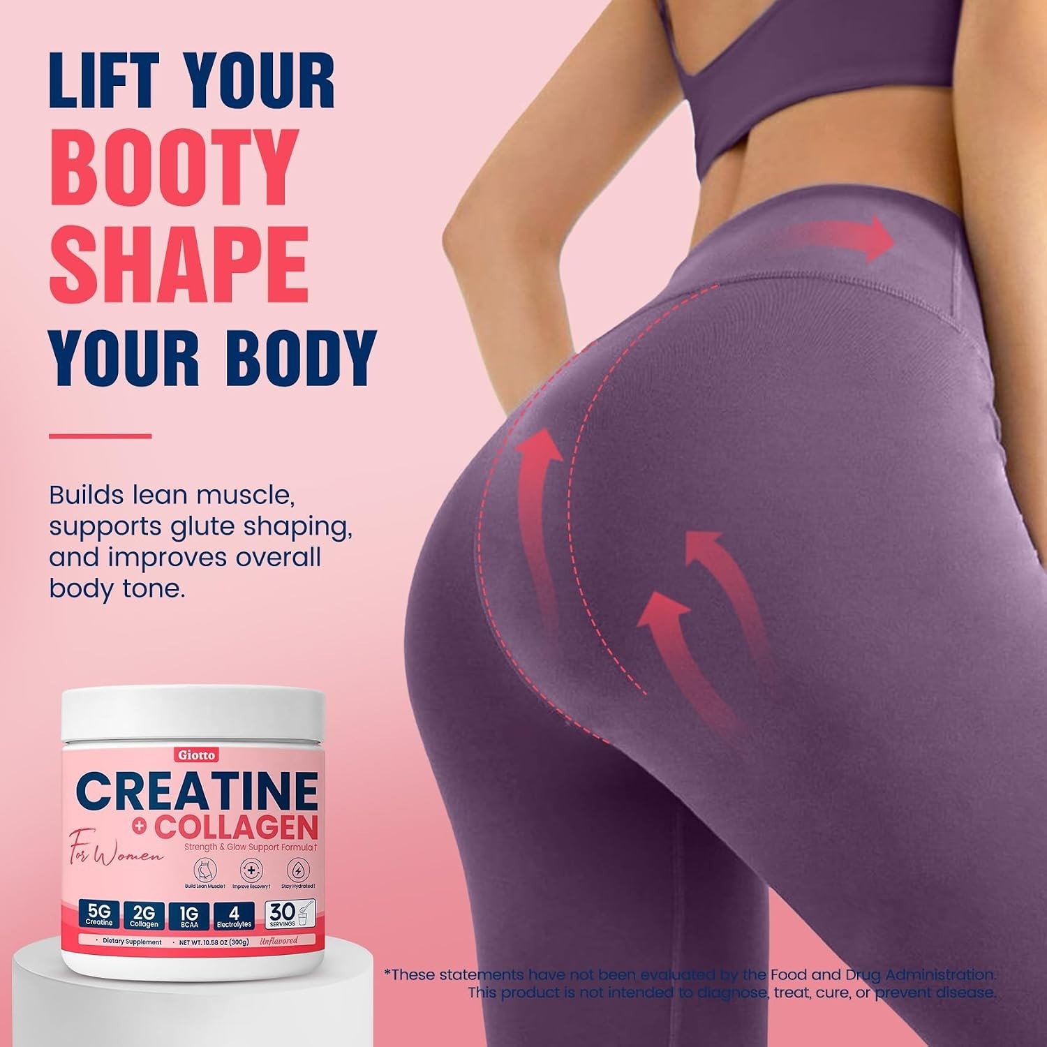 Giotto Creatine for Women Micronized Monohydrate Powder Collagen BCAAs 30 Serve