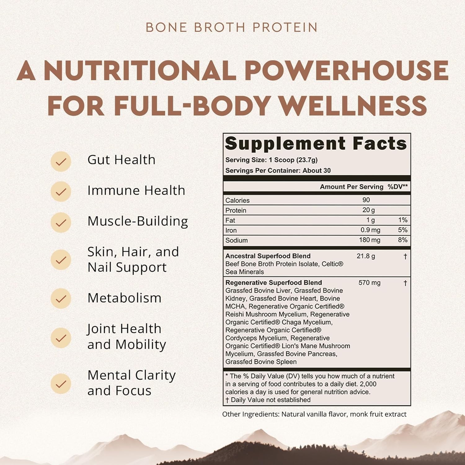 Ancestral Supplements Grass Fed Beef Bone Broth Protein Powder Vanilla 30 Serv