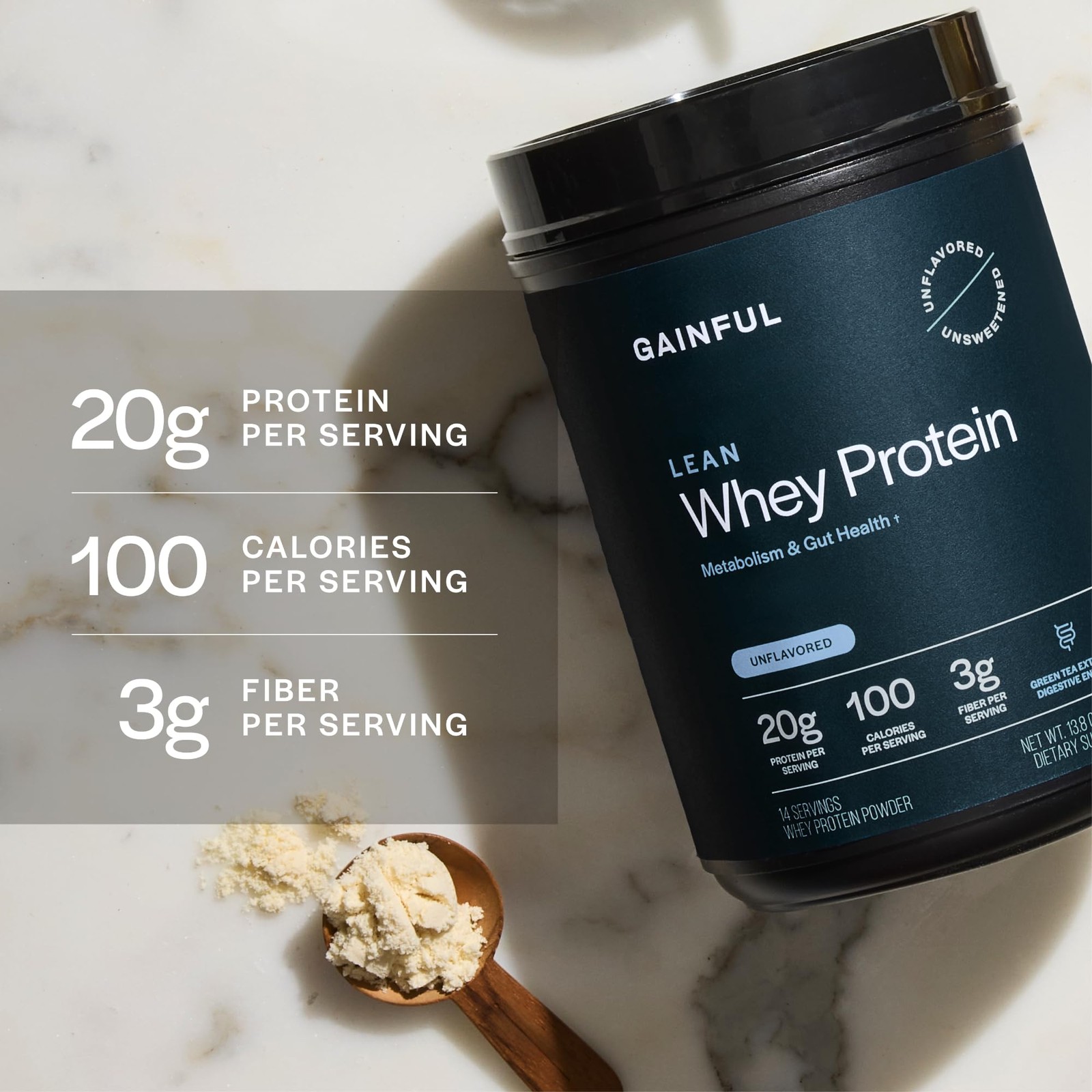 Gainful Lean Whey Protein Powder with 20g Protein per Serving, Unflavored, Su…