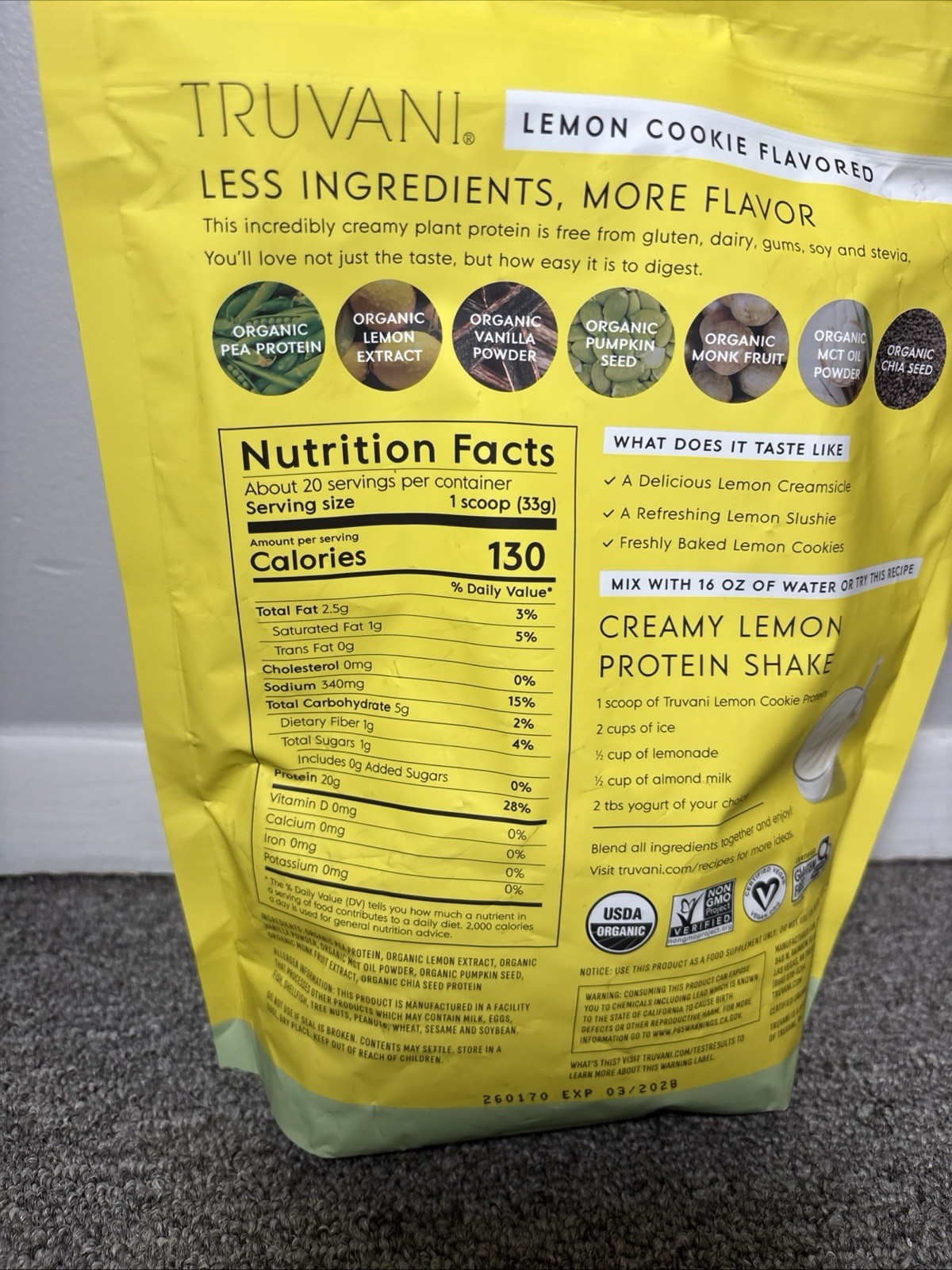 Truvani Certified Organic Plant-Based Protein Powder Lemon Cookie 23.07 oz