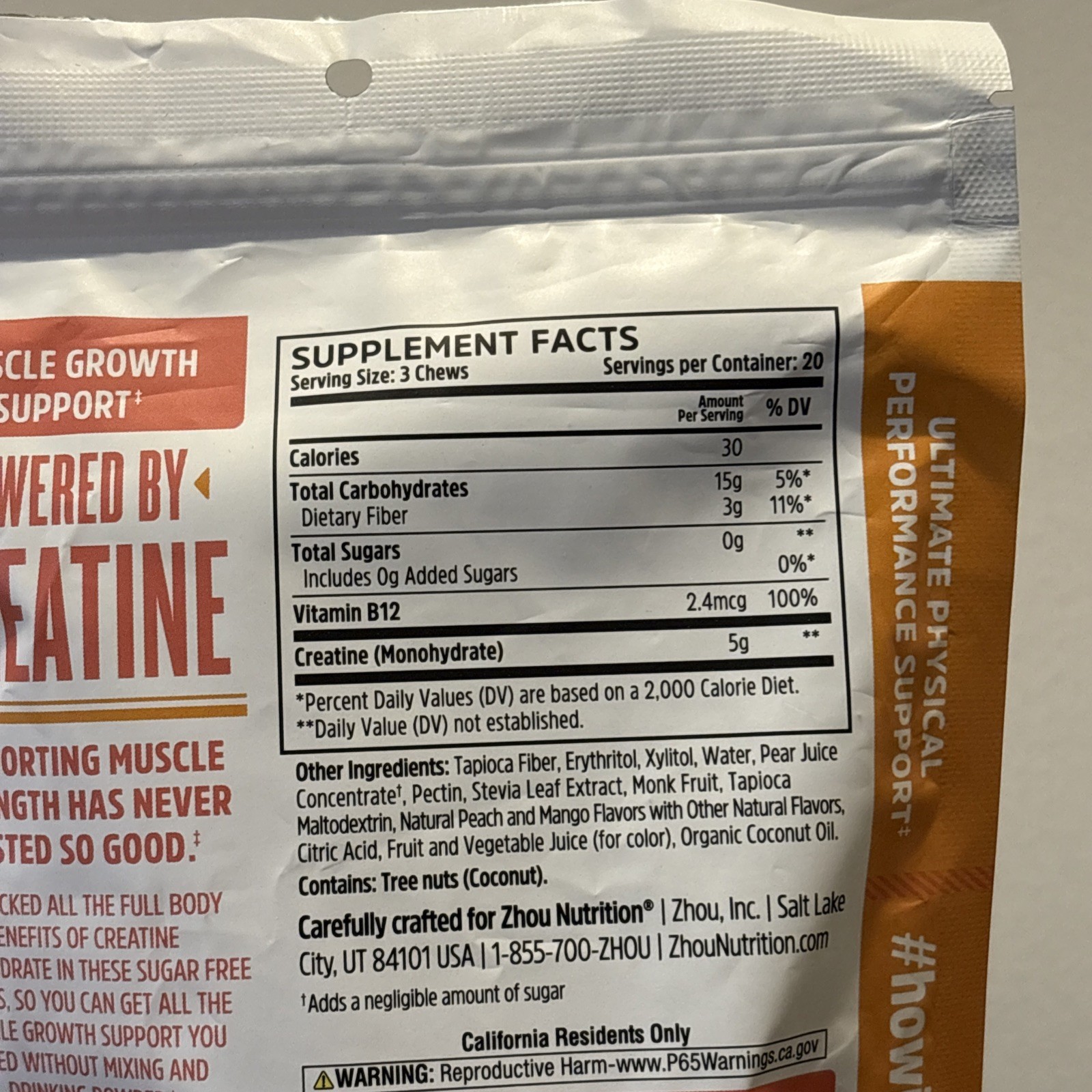 Zhou, Creatine Chews, Muscle Growth Support, Peach Mango, 60 Chews, EXP 12/2026