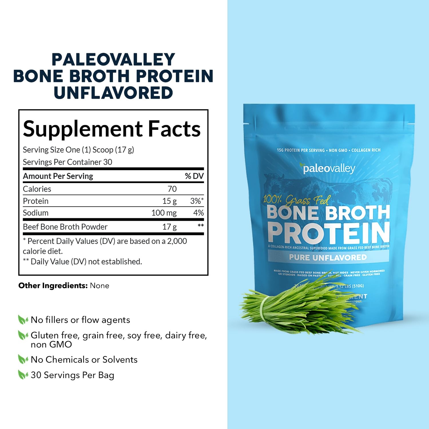 Paleovalley 100% Grass Fed Bone Broth Protein Powder, 1.05 Pound (Pack of 1)