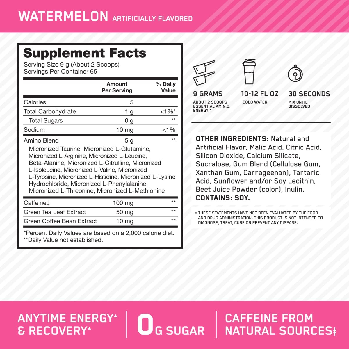 Amino Energy Pre Workout Powder BCAA Green Tea Watermelon 65 Servings Optimum