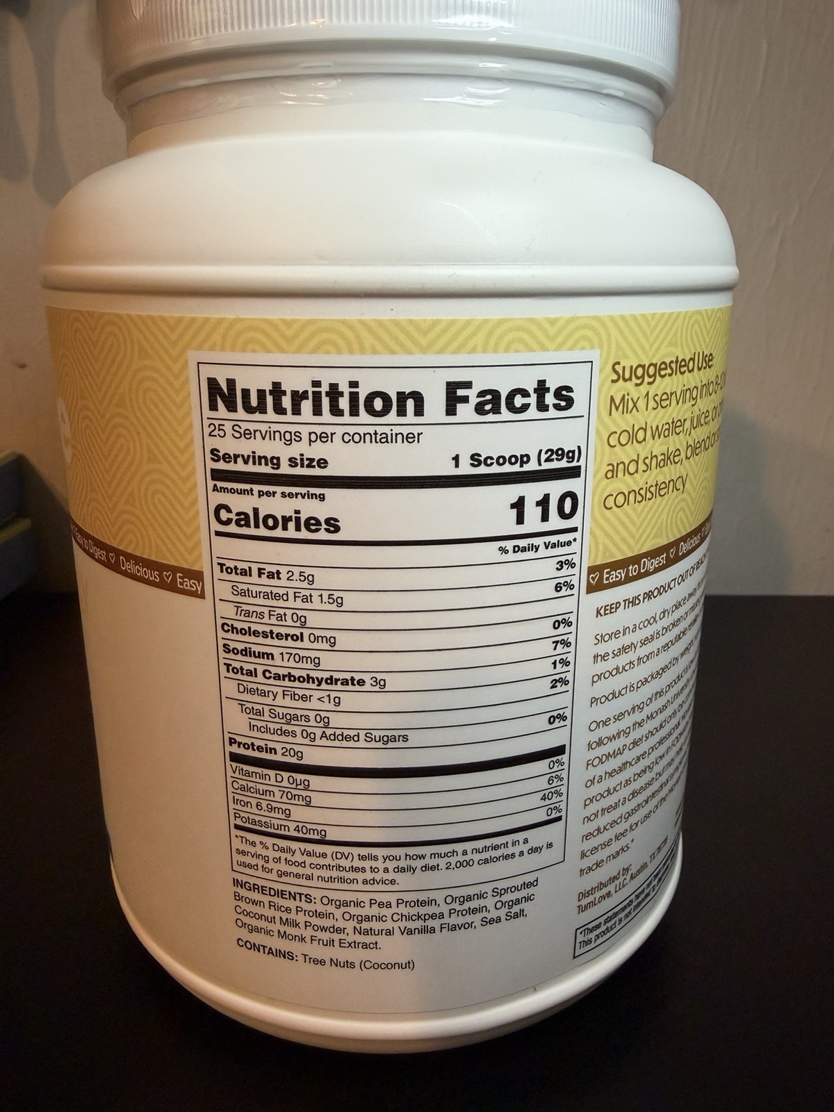 TumLove Gut-Friendly Vegan Protein Powder Vanilla 1.60 lbs Gluten Free Soy-Free