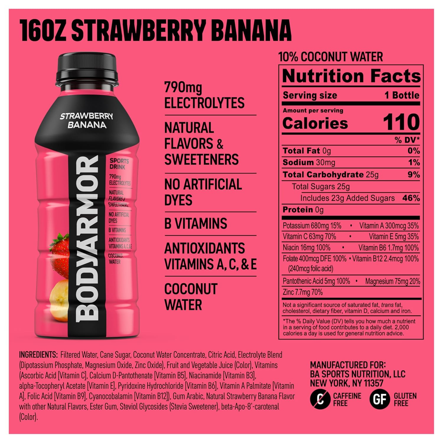 BODYARMOR Sports Drink, Strawberry Banana, Electrolyte Drink Hydration, 16 Fl Oz