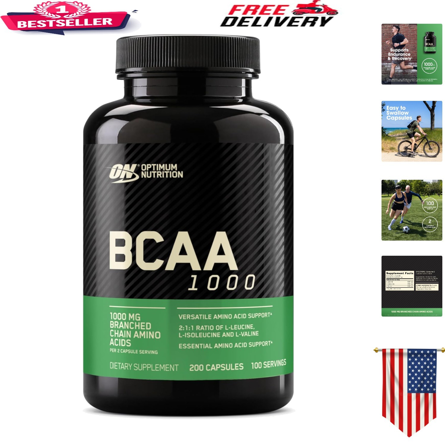 Essential Amino Acids BCAA Capsules, 200 Count – Supports Bone & Joints Health