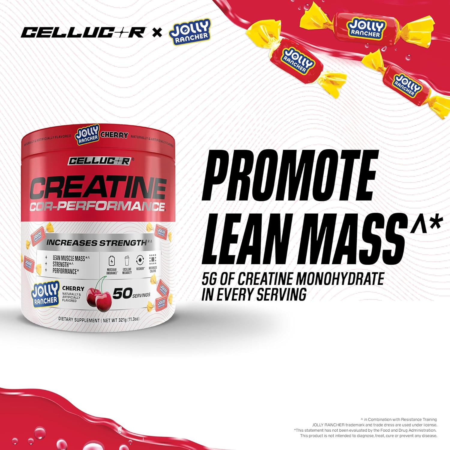 Creatine Powder, Jolly Rancher Cherry- Increases Strength, Lean Muscle Mass & En