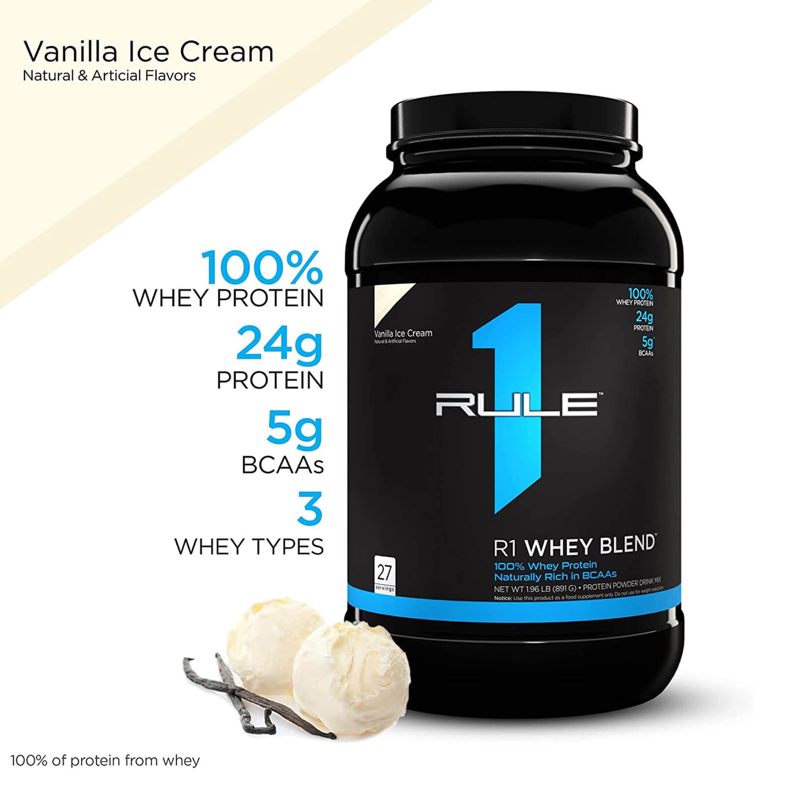 RULE 1 Whey Blend 27 serv Vanilla Ice Cream 100% Whey Protein Blend 1.96lb