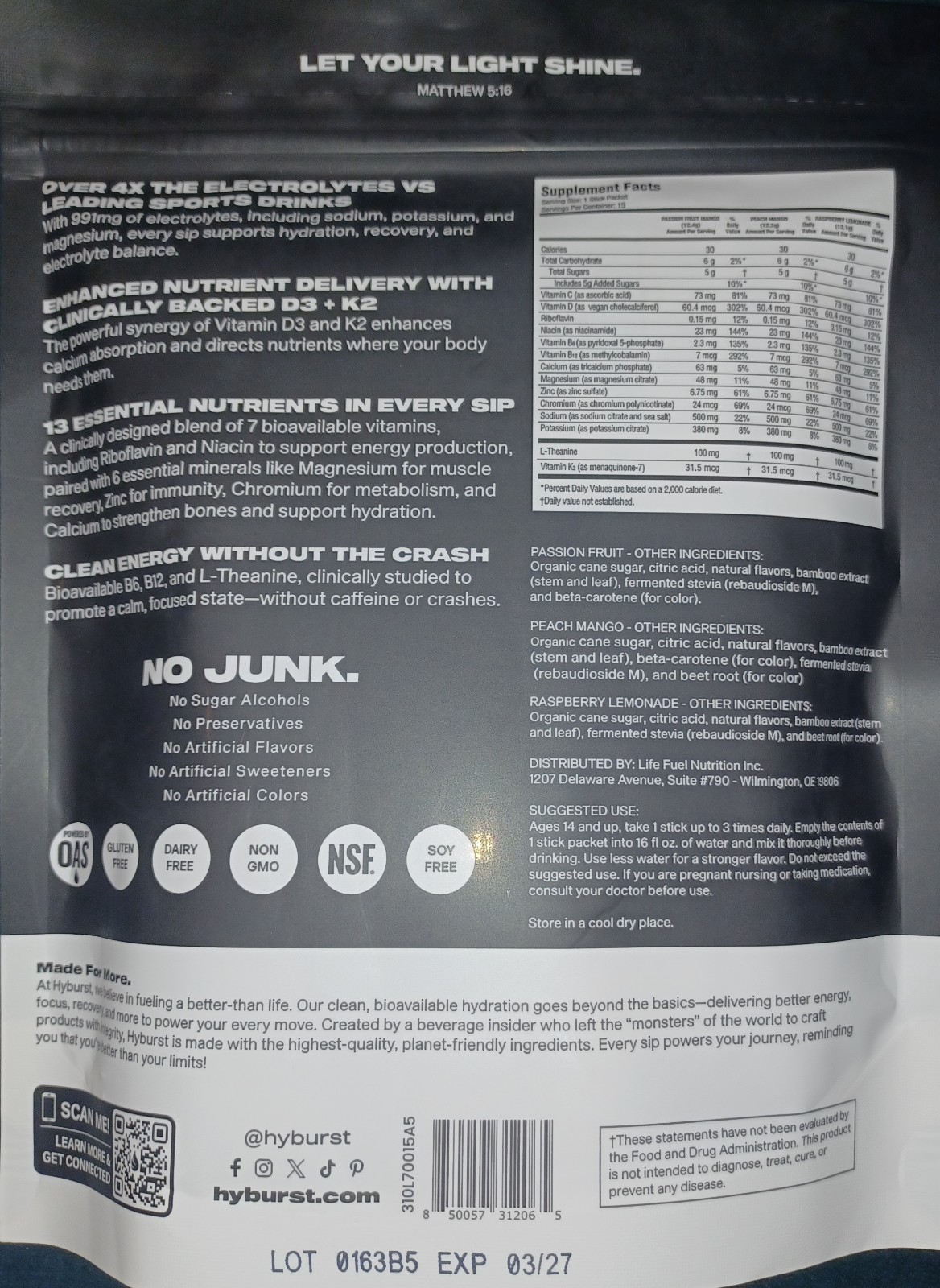 Hyburst Better Than Water Electrolytes Powder Packets Drink Mix Tropical Variety